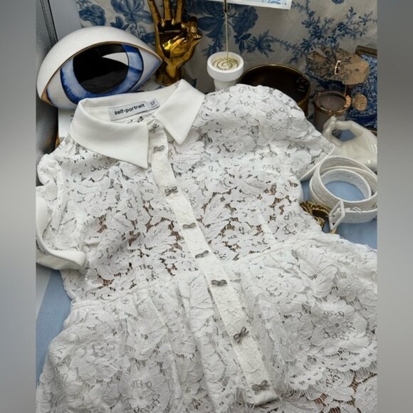 🆕 SELF-PORTRAIT 🧿 NWOT White Lace Peplum Belted Midi Dress, Sz UK 10 US 6 - Picture 14 of 16
